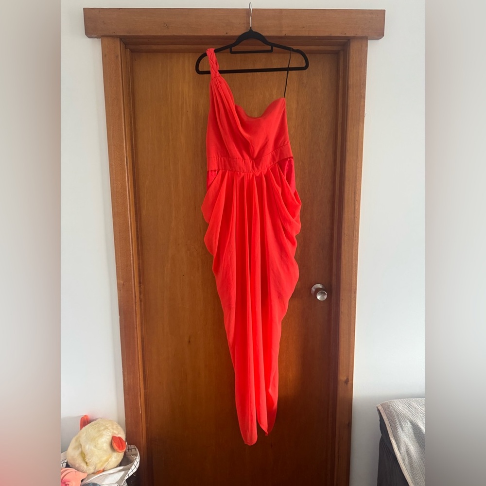 sheike Australia Designer Red One-Shoulder Drapey Midi Dress